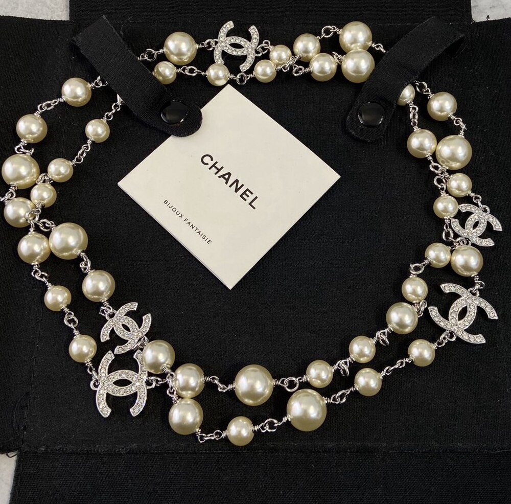 Chanel Multi Pearl Crystal CC Logo Long Necklace